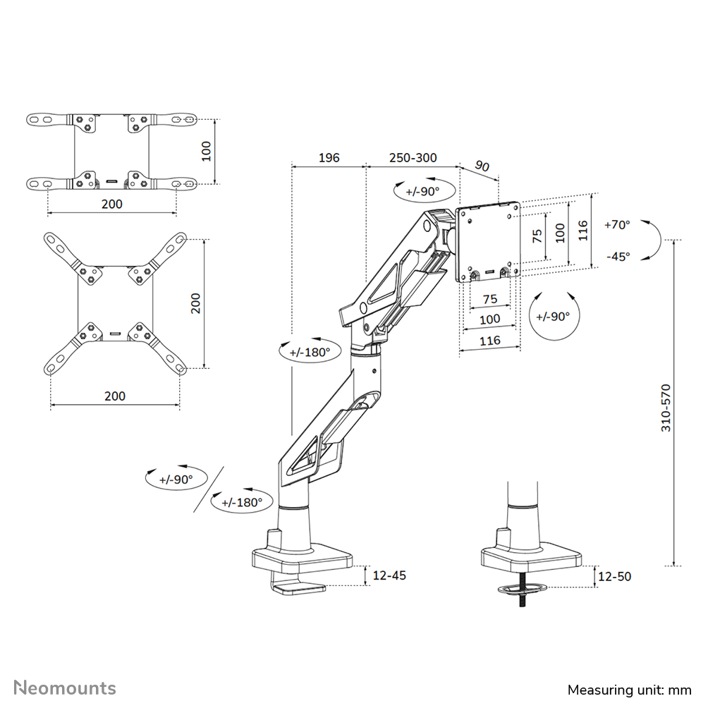Neomounts DS70-256BL1 Monitorarm Gaming 24-57" - Gasfeder - Topfix - 180°-Stopp